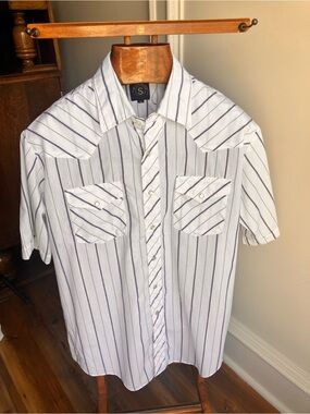 Vintage Running S Western Pearl Snap Shirt 16½ White Blue Gold Stripe Short Sl
